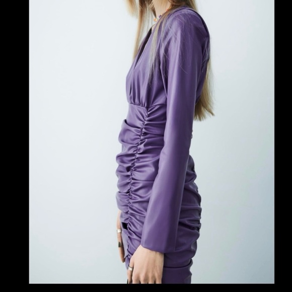 NWOT ZARA Faux Leather Long Sleeve Ruched Mini Dress—SZ. Small - Picture 4 of 17